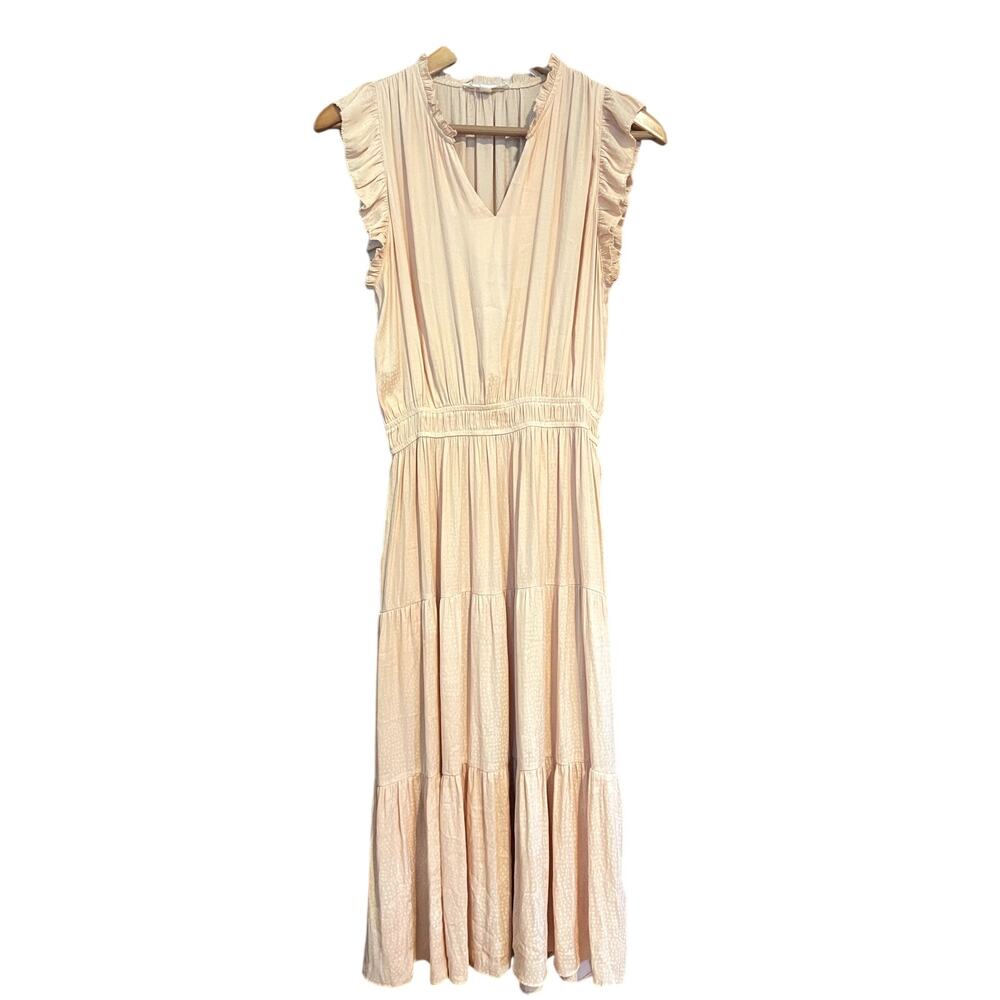 GRADE & GATHER Satin Tiered Midi Dress Flutter Sleeve Pockets FEMININE Small S
